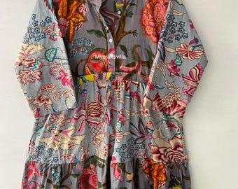 New Patchwork Grey Cotton Dress, Floral Print Dress, Gown And Maxi Dress, Women Wear Dress, Summer Wear Dress, Bloc Print Dress ,Gifted