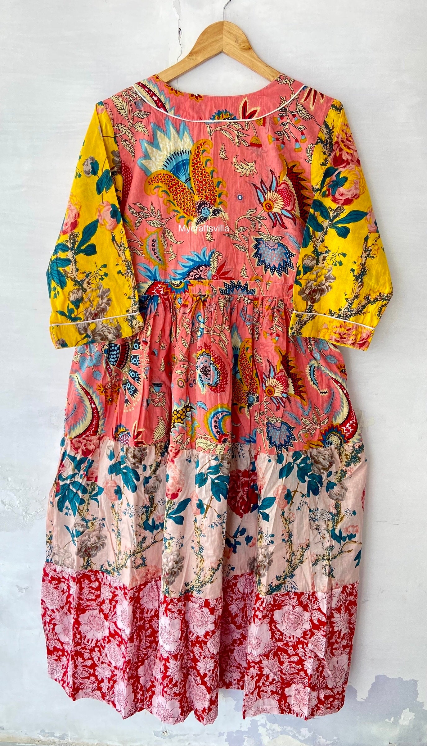 Wavlynn Patchwork Cotton Maxi Dress With V Neck Green Boho Chic Spring Print Dress main image 0