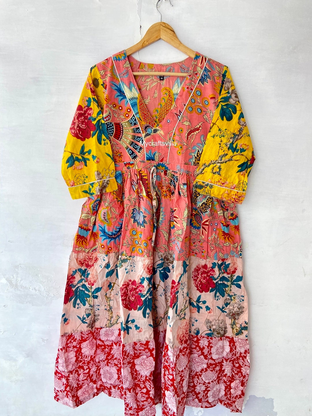 Patchwork Cotton Dress With V Neck Ruffles TrendAura Boho Chic For Women Long Sleeve Maxi main image 0