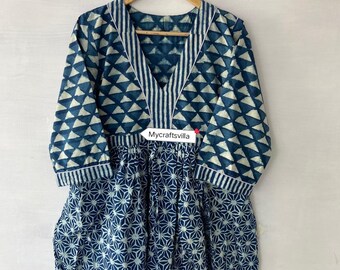 Vestido con estampado de bloques índigo, vestido largo corto, vestido de verano, vestido de mujer, vestido bohemio, vestido con estampado indio a mano, regalos con escote en V profundo para mamá