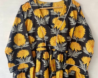 Vestido de algodón con estampado floral amarillo, escote en V profundo, mangas 3/4, estilo bohemio, para mujer, ideal para picnic y con estampado de bloques.