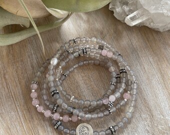 FLOW Grey Agate Rose Quartz Multi Wrap Stretch Bracelet, Beaded Long Necklace, Gemstone Bracelet, Bali Silver OM Bead, Layering Bracelet