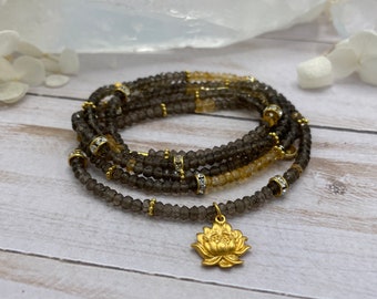 AUTHENTICITY Smokey Quartz, Citrine Multi Wrap Charm Bracelet, Toggle Clasp Bracelet, Beaded Long Necklace, Lotus Charm, Gemstone Jewelry