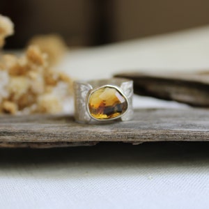 May include: A silver ring with a large, faceted, amber-colored gemstone set in the center. The ring is on a piece of weathered wood.
