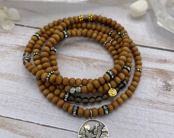 CALLING Sandalwood Smokey Quartz Multi Wrap Bracelet, Sterling Silver Charm, Long Beaded Necklace, Layering Bracelet, Wrap Bracelet, Boho