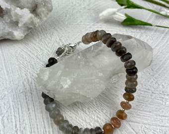 Moonstone Beaded Bracelet, Multi-Color Moonstone Gemstone Bracelet, Sterling Silver Bracelet, Moonstone Beads