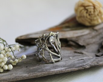 Sterling Silver Ring CZ Sparkle Rustic Ring Artisan Made Organic Ring Structural Ring Handmade Jewelry Handmade Ring