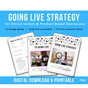 May include: A digital download and printable guide for direct sellers and product-based businesses. The guide includes a prep list, 75 live content ideas, and a strategy guide. The image features a colorful background with a polka dot pattern.