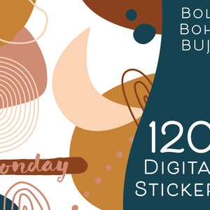 May include: A digital sticker pack with 120 abstract stickers in a boho style. The stickers feature a variety of shapes, colors, and patterns, including circles, lines, and swirls. The text "BOLD BOHO BUJO" and "120 DIGITAL STICKERS" is also included in the image.