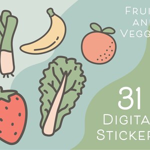 Pode incluir: Um conjunto de 31 adesivos digitais com frutas e vegetais. Os adesivos são em estilo de desenho animado e incluem uma banana, uma laranja, um morango, um alho-porro e um vegetal de folhas verdes.