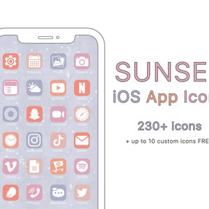 May include: A mockup of an iPhone screen with a light blue background and a grid of app icons in various shades of pink and orange. The icons are for popular apps such as Instagram, YouTube, Netflix, and Spotify. The text "SUNSET iOS App Icons" and "230+ icons + up to 10 custom icons FREE" is displayed below the phone.