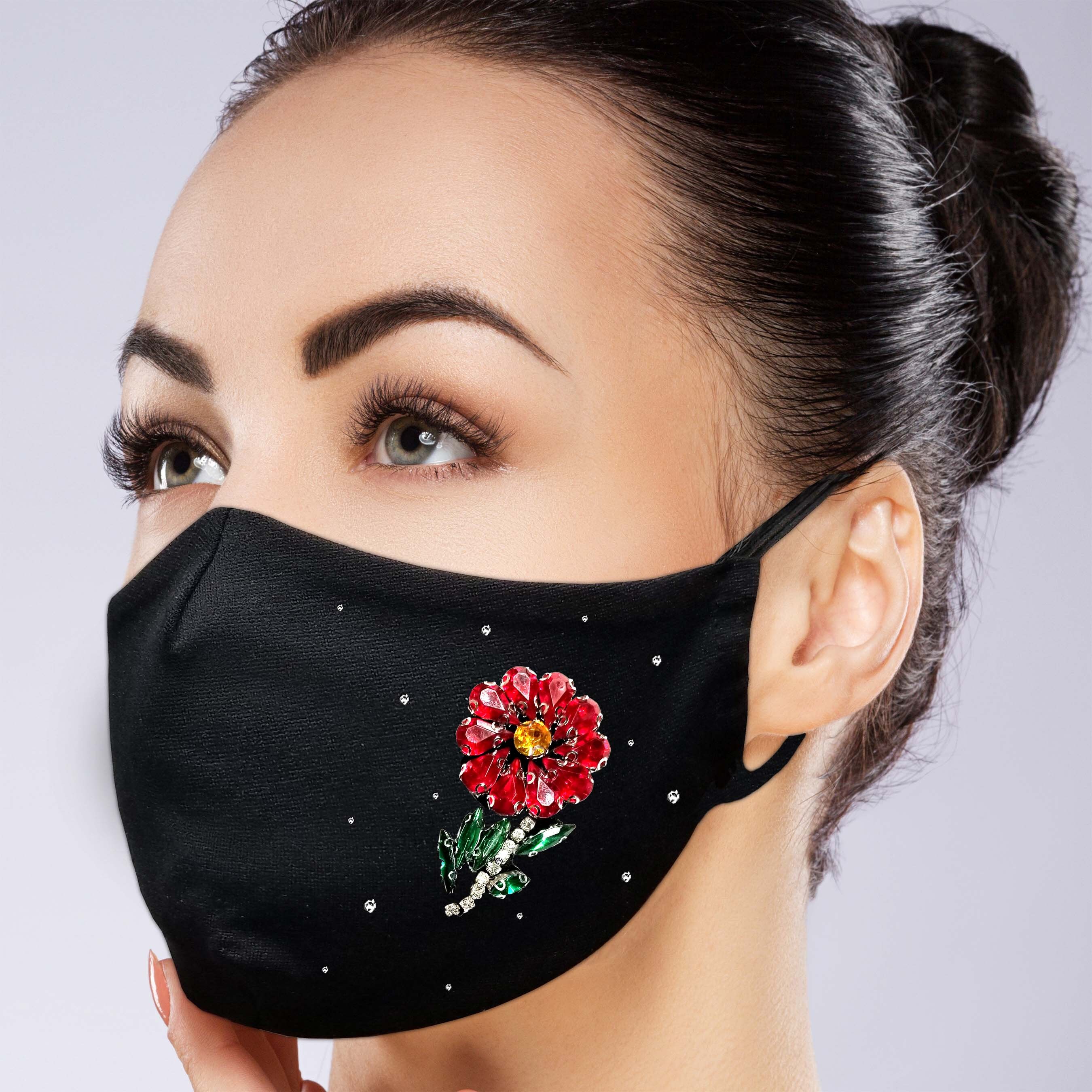 Flower Face Mask with Filter Pocket Crystal Rhinestones Etsy