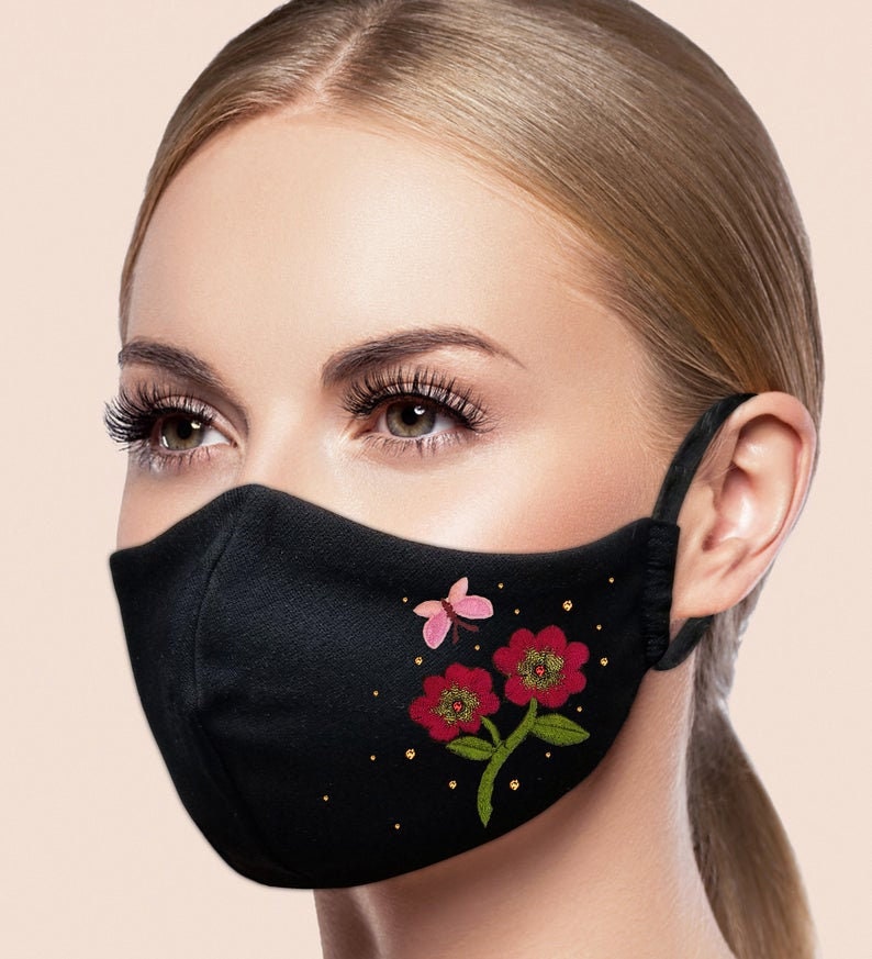 Flower Face Mask with Filter Pocket Embroidery Crystal Etsy