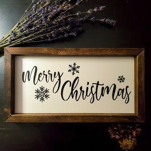 Framed Merry Christmas Rustic Winter Theme Wood Sign With Snowflakes And White Background