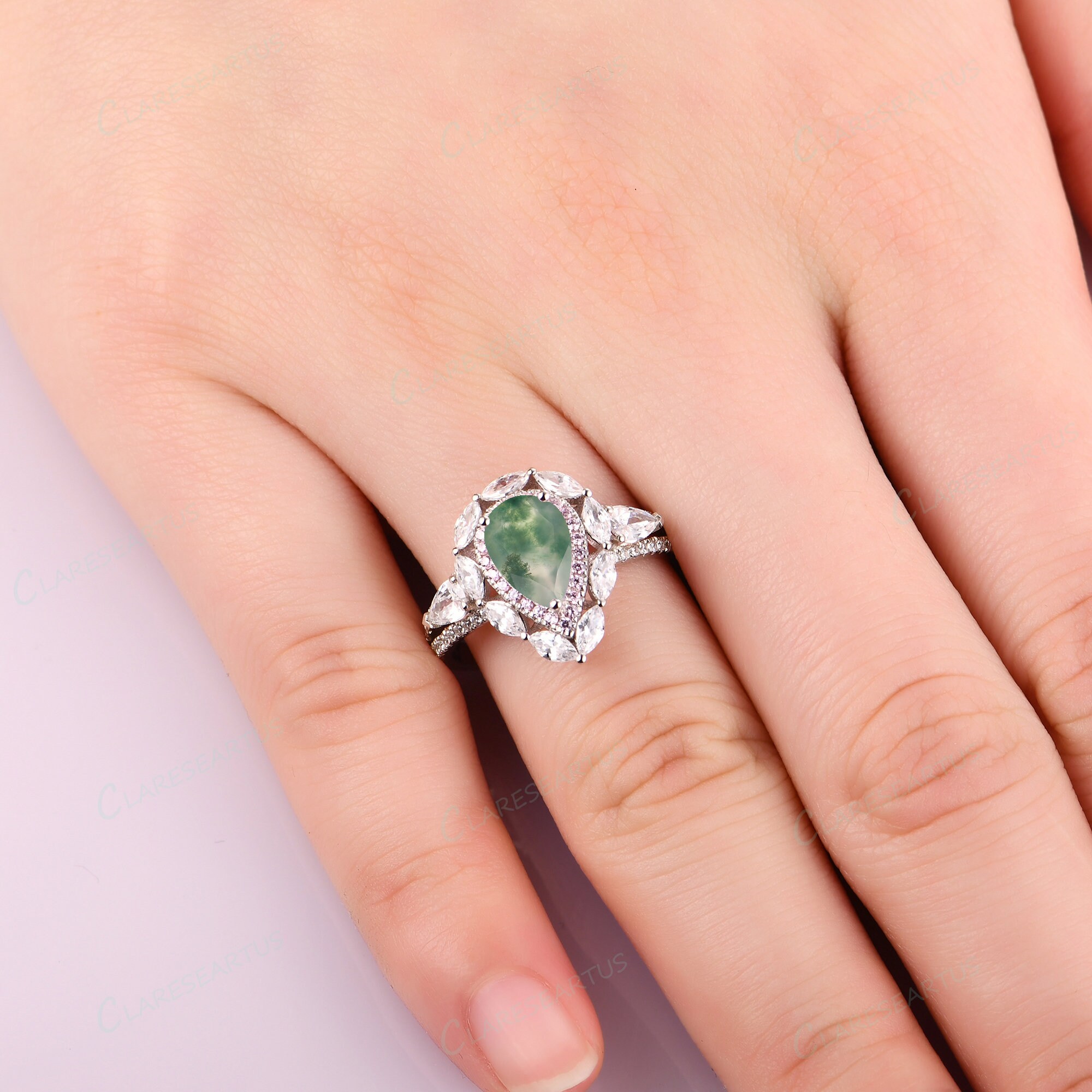 6x9mm Pear Cut Moss Agate Engagement Ring Silver Agate Ring | Etsy