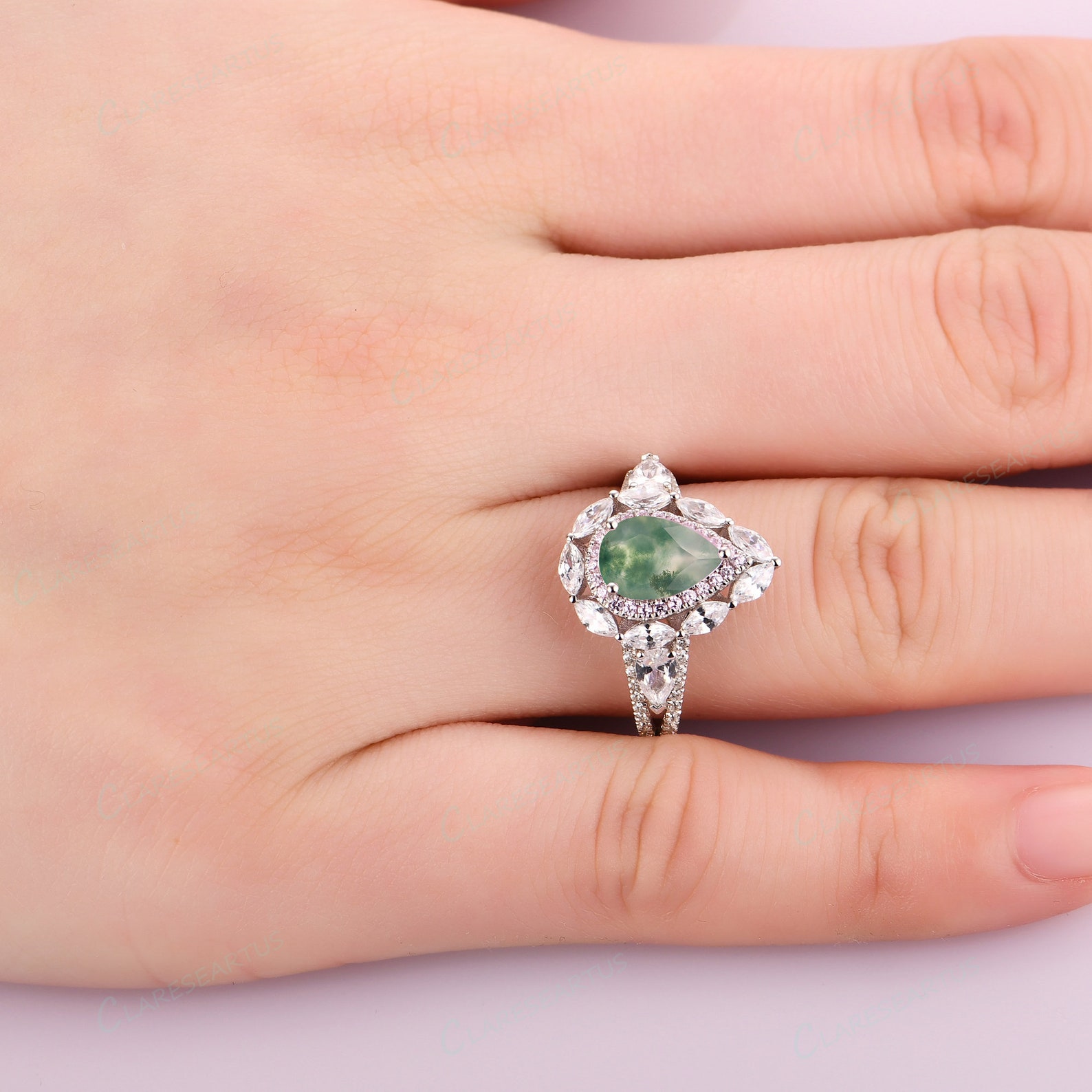 6x9mm Pear Cut Moss Agate Engagement Ring Silver Agate Ring | Etsy