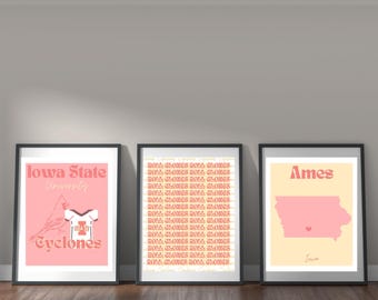 Pósteres de la Universidad Estatal de Iowa, paquete de 3, descarga digital, Iowa, decoración de apartamentos, ciclones, arte moderno para apartamentos