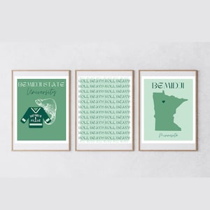 Pósteres de la Universidad Estatal de Bemidji, paquete de 3, descarga digital, Minnesota, decoración de apartamentos, Roll Beavs