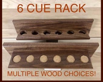 Solid Wood Pool cue rack / holder - 6 cue - wall mount (oak, walnut, maple or mahogany)