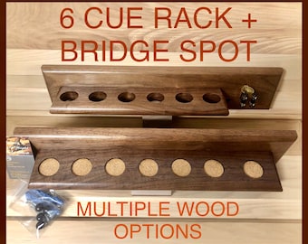 Pool cue rack - 6 cue + bridge spot - solid hardwood (walnut, oak, maple or mahogany) - wall mount