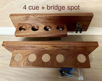 Solid Wood Pool cue rack / holder - 4 cue plus bridge spot with clip (oak, walnut, maple or mahogany)