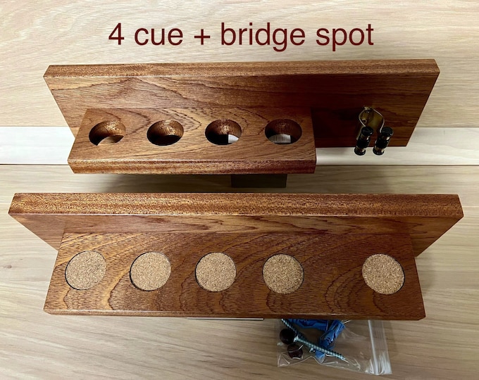 Solid Wood Pool cue rack / holder - 4 cue plus bridge spot with clip (oak, walnut, maple or mahogany)