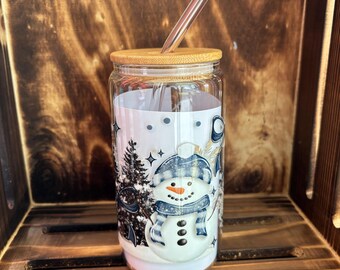 16oz Libby Glass Cup with Bamboo Lid & Glass Straw | Iced Coffee Cup | Reusable Glass Tumbler | Navy Snowman l Winter Vibes l