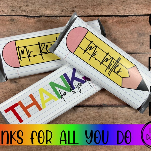 Modifiable, cadeau de remerciement de l'enseignant, emballage de barre chocolatée, cadeau d'appréciation de l'enseignant, cadeau de l'enseignant de retour à l'école, PNG, PDF