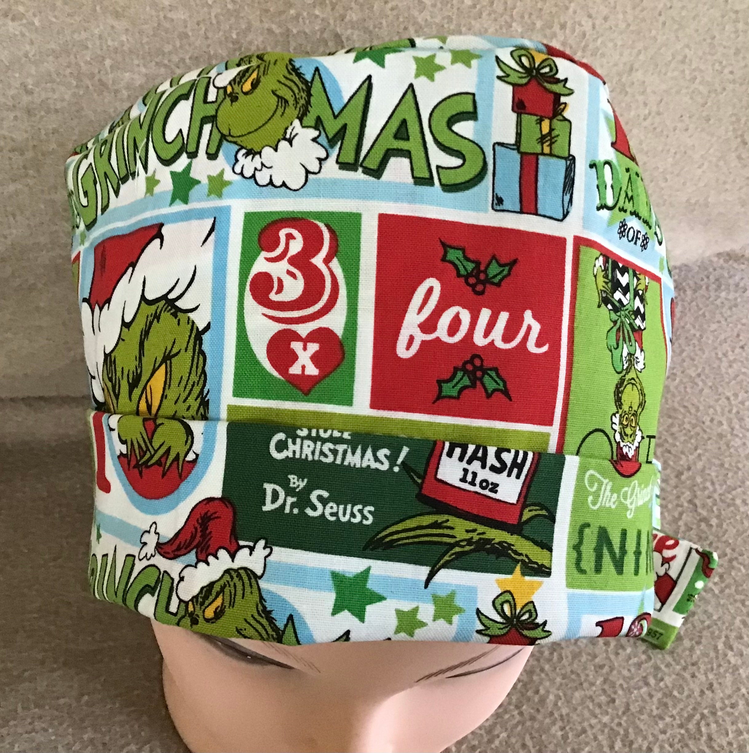 Surgical scrub cap pixie style grinch