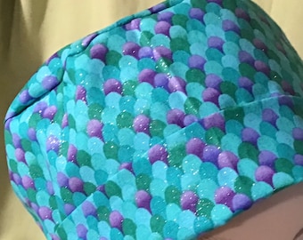 Surgical scrub cap pixie style mermaid fish scales