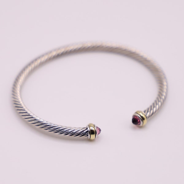 David Yurman 4mm Sterling Silver Cable Classic Bracelet Tourmaline & 18k Gold size Medium