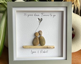 personalised silver 25 years wedding anniversary pebble art. Gift for couple anniversary, silver anniversary gift, pebble art framed gift