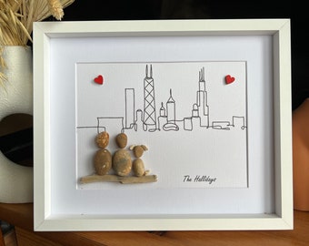 Family skyline pebble art portrait, city, hometown