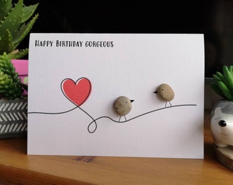 personalised handmade birthday card, pebble art, love birds.