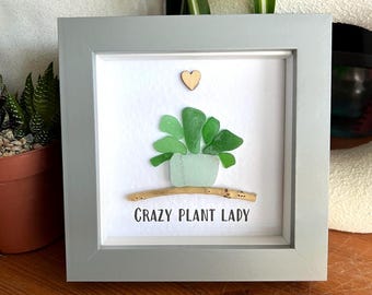 Plant seaglass framed gift, crazy plant lady, love grows here, plant lover gift, succulent pebble art, friendship gift