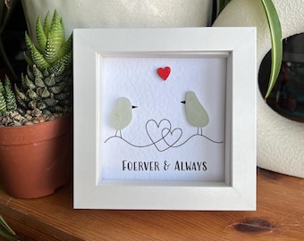 couples love birds personalised sea glass art. couples gift, present, anniversary, valentines day gift for her.