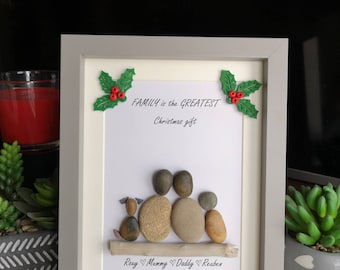 Personalized Pebble Art Family Portrait, Custom Christmas Gift