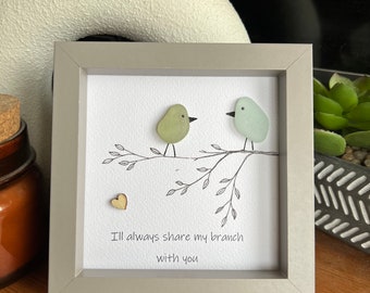 Best friends/couple birds personalised sea glass art. I will always share my branch with you present, valentines gift, seaside gift