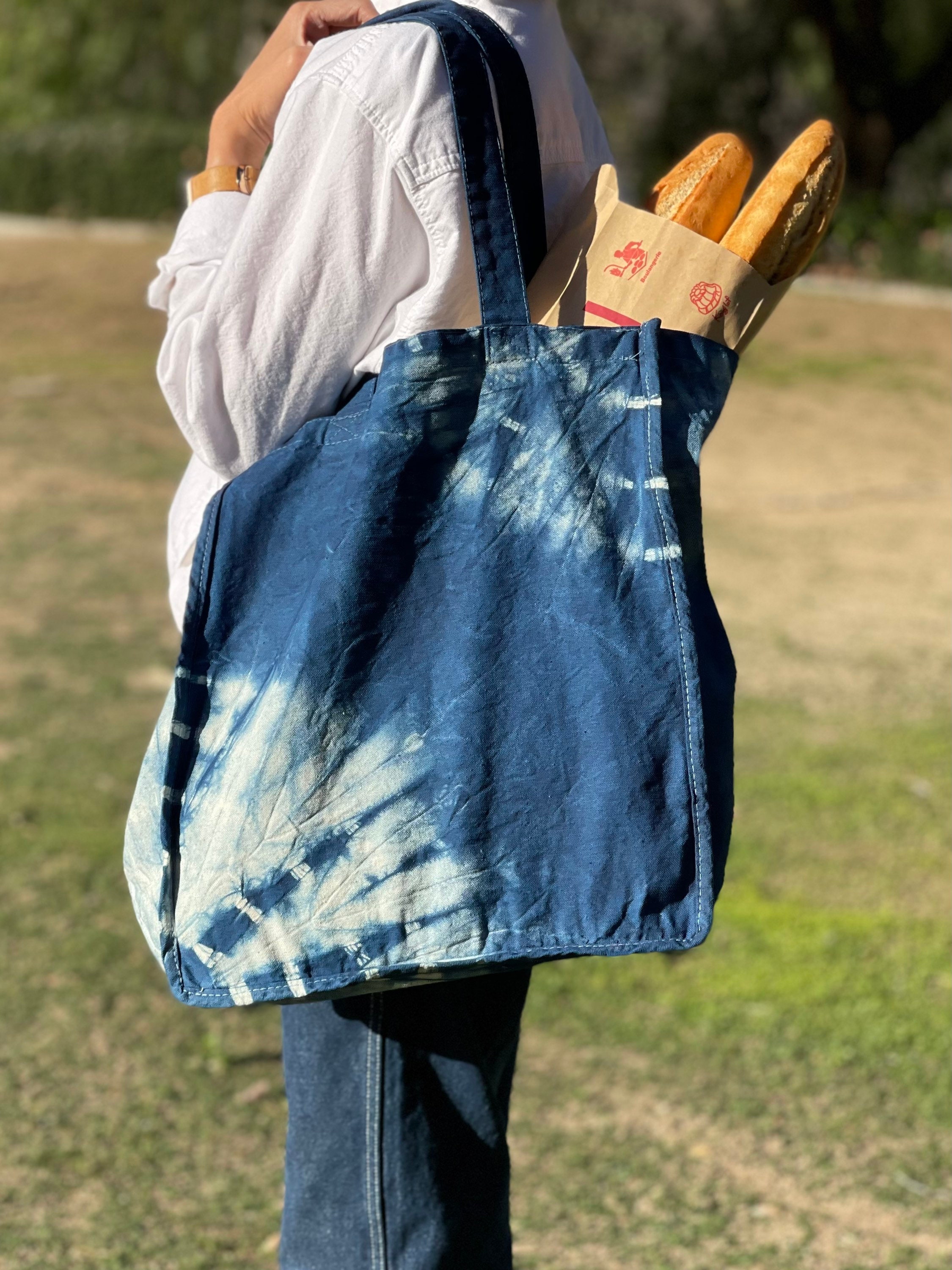 Hand Dyed Shibori Indigo Heavy Canvas Shopper Tote Bag | Large 