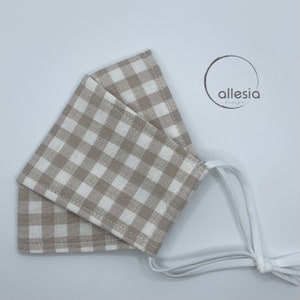 Oatmeal Gingham | 3D Face Mask | 3 Layers of High Quality 100% Cotton Fabrics | With Filter Pocket | Washable Reusable Adjustable