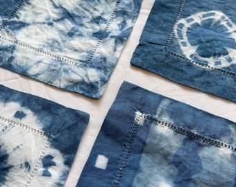 Set of 4 - Shibori Indigo Cocktail Napkins | Indigo Hand Dyed Cocktail Napkins | 100% Cotton | Eco-Friendly | Absorbent | Reusable