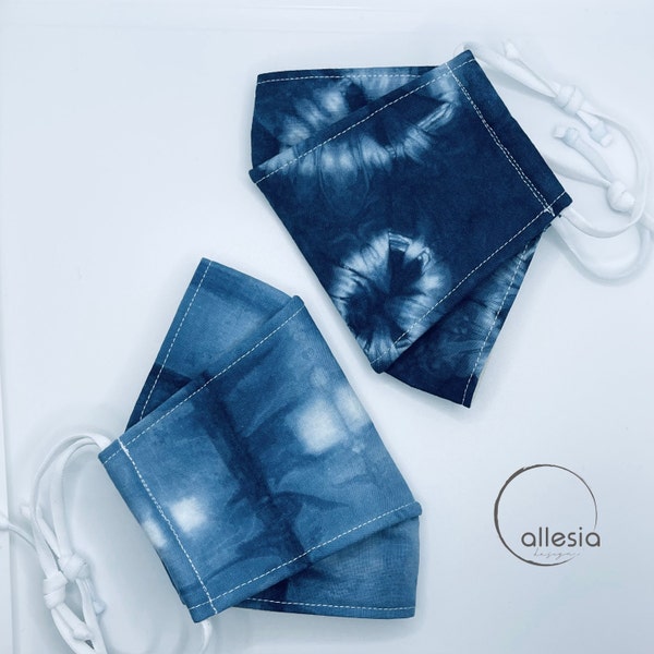 Shibori Indigo Hand Dyed 3D Face Mask | 3 Layers of 100% Cotton Fabrics | Face Mask with Filter Pocket | Washable Reusable Adjustable