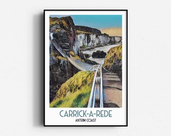 May include: A colourful illustration of a rope bridge over a rocky cliffside with the text "CARRICK-A-REDE ANTRIM COAST" at the bottom.
