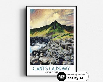 May include: A colourful illustration of the Giant's Causeway on the Antrim Coast in Northern Ireland. The image shows a rocky coastline with a mountain in the background and a cloudy sky.