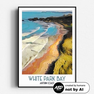 Poster di viaggio di White Park Bay, arte murale, SENZA CORNICE, Irlanda del Nord, Antrim