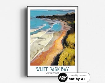 White Park Bay Travel Poster, Wall Art, UNFRAMED, Northern Ireland, Antrim