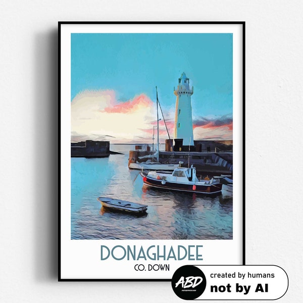 Donaghadee Lighthouse Travel Poster,  Wall Art, UNFRAMED, Northern Ireland