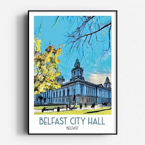 Poster di viaggio del Municipio di Belfast, arte murale, SENZA CORNICE, Irlanda del Nord, Belfast