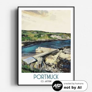 Portmuck Travel Poster,  Wall Art, UNFRAMED, Northern Ireland, Antrim