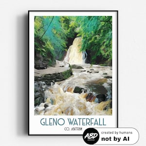 Poster di viaggio della cascata Gleno, arte murale, SENZA CORNICE, Irlanda del Nord, Antrim